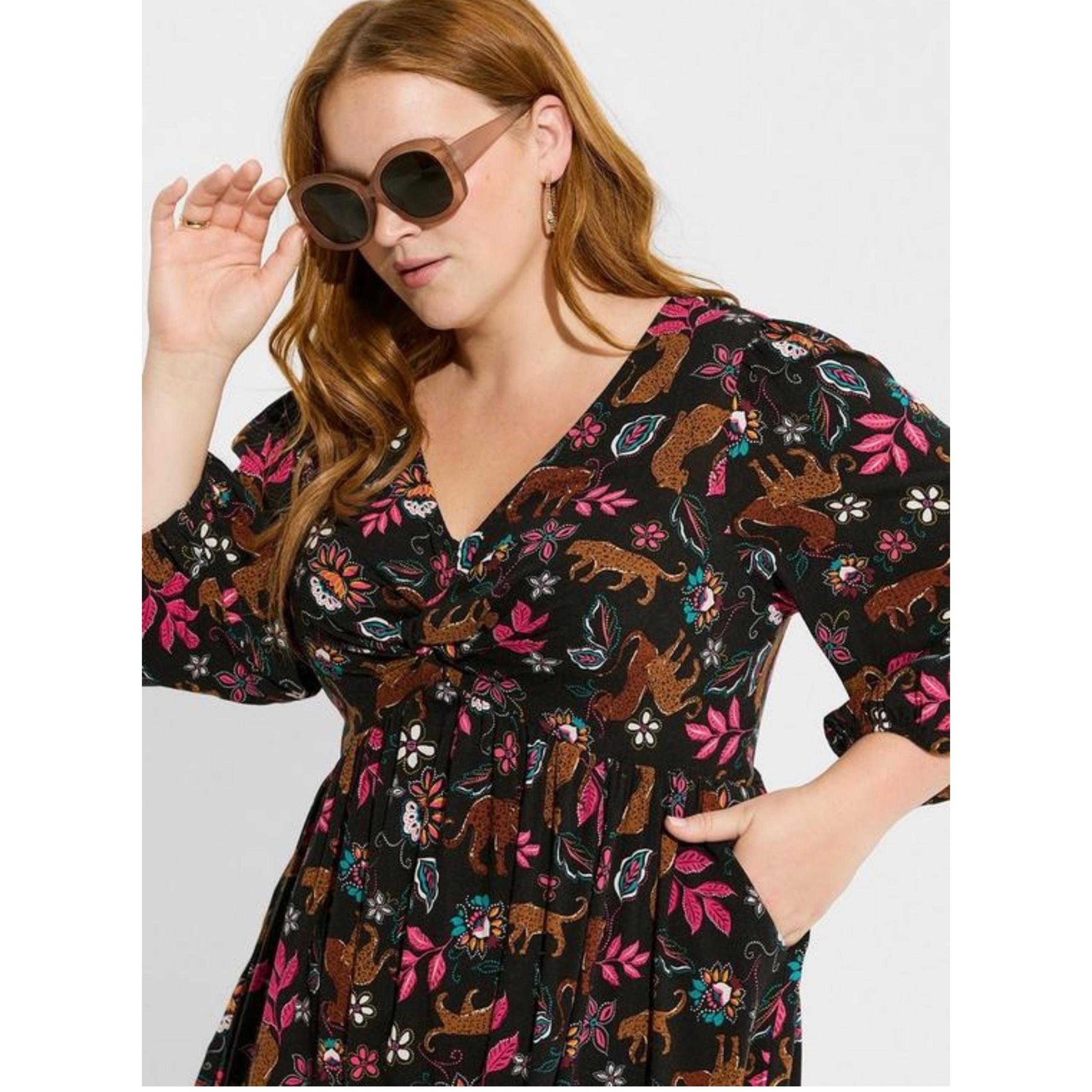 Torrid Women's Black Floral Rayon Slub Balloon Sleeve Twist Front NWT 0X