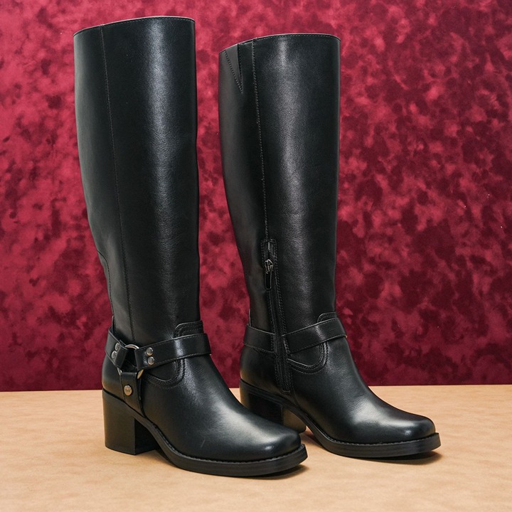 Nine West Women Koep Black Leather Moto Harness Riding Tall Boots sz 6