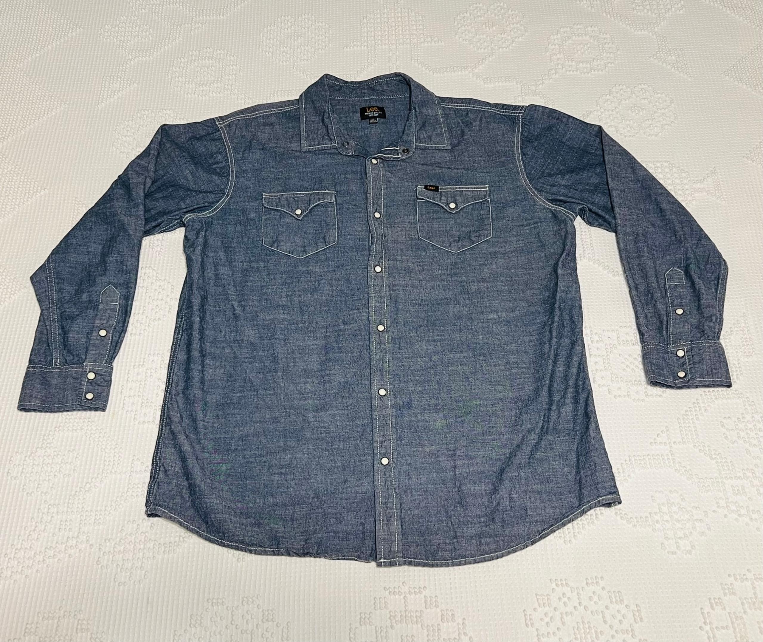 Lee Men's Blue Button Down Collared Long Sleeve Shirt XL Pearl Snap Buttons