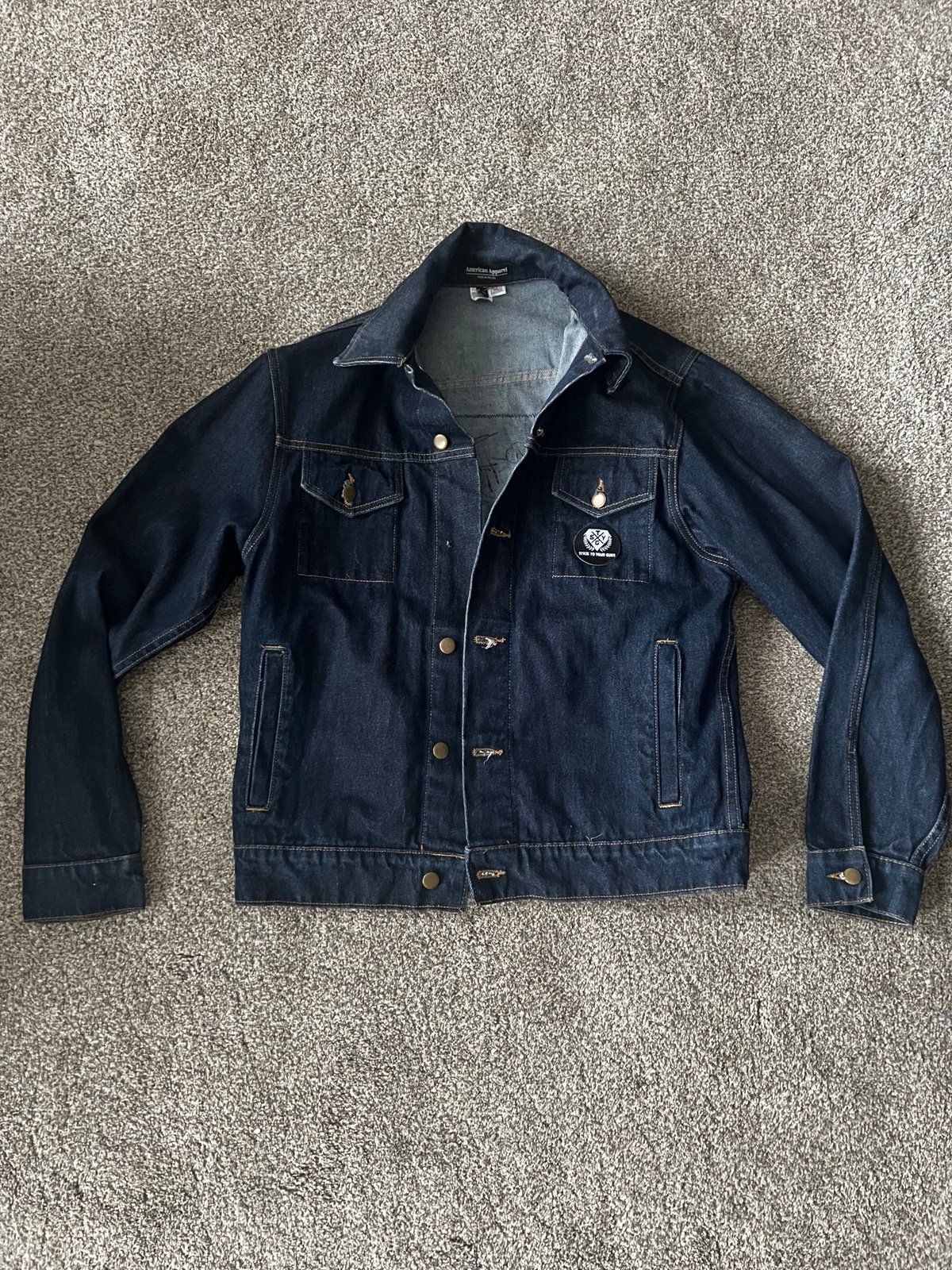 American Apparel Stick To Your Guns Signed Denim Jacket XL MISSING BUTTON