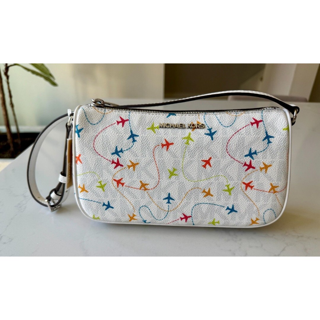 NWT Michael Kors Jet Set White Airplane Print East West Pouchette Bag Travel