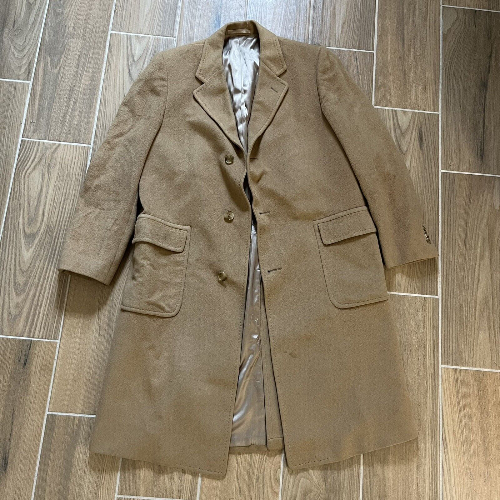 EL DORADO Men's 100% Cashmere Coat SIZE 44 Camel Tan Beige Button Up