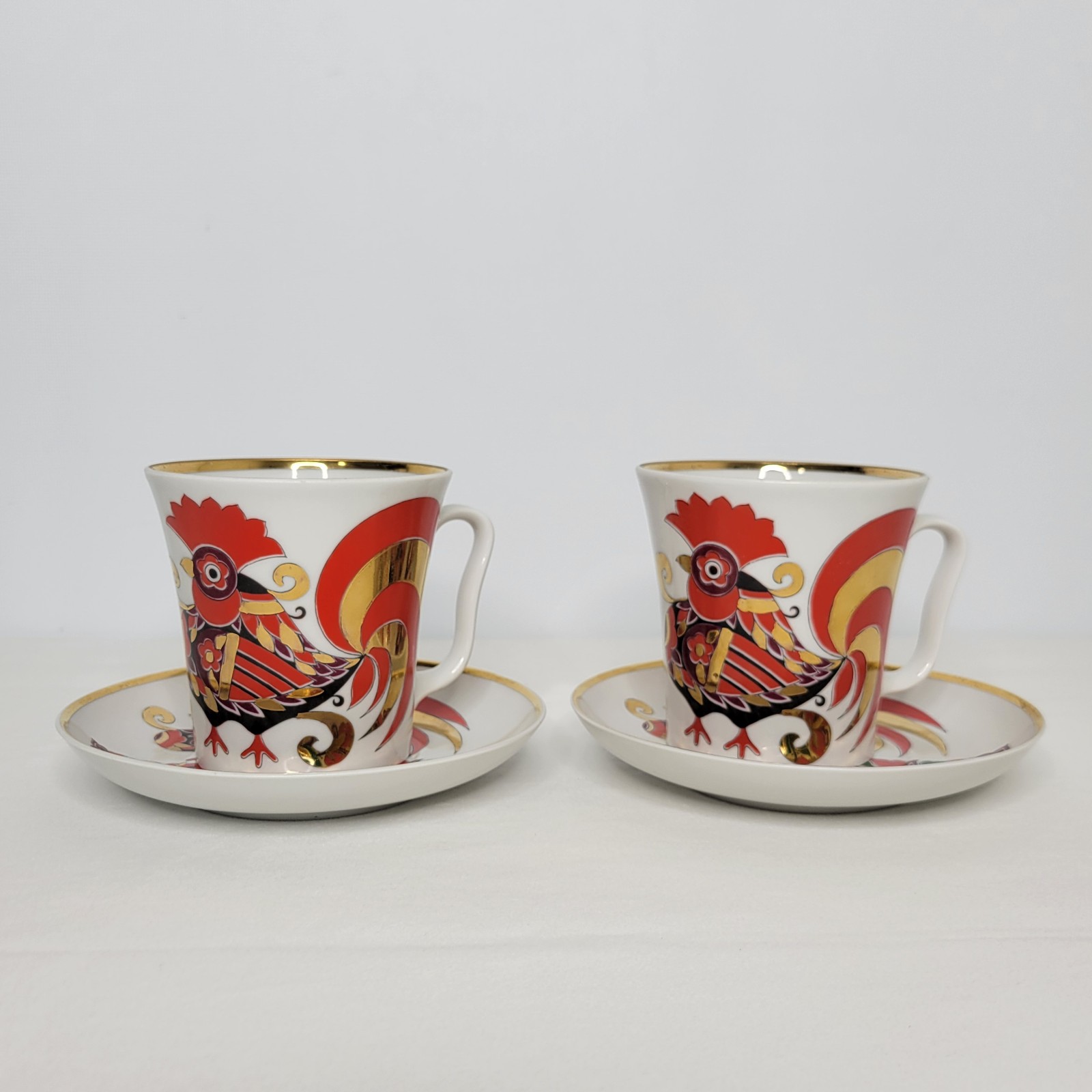 Pair of Vintage Lomonosov Red Rooster Coffee Mug Cups & Saucers