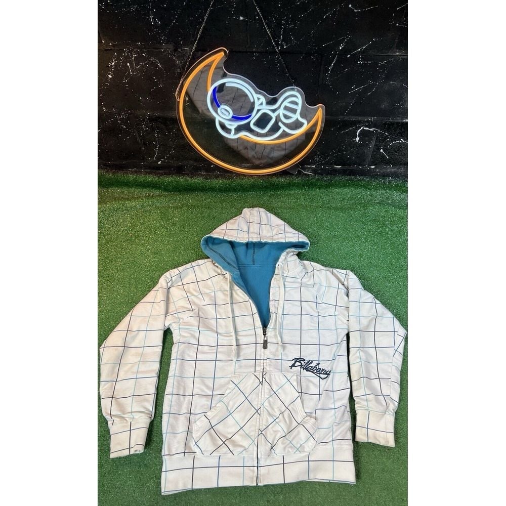 Billabong Y2K Reversible Spell Out White/ blue Striped Hoodie Sweatshirt Mens M