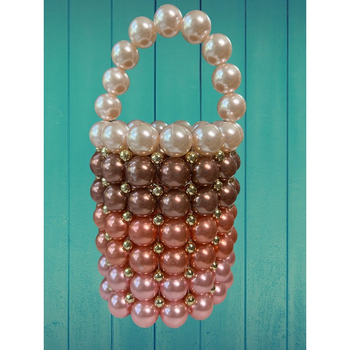 Abvokury Yushiny Beaded Pearl Evening Bucket Bag Purse Pink 9 x 4.25