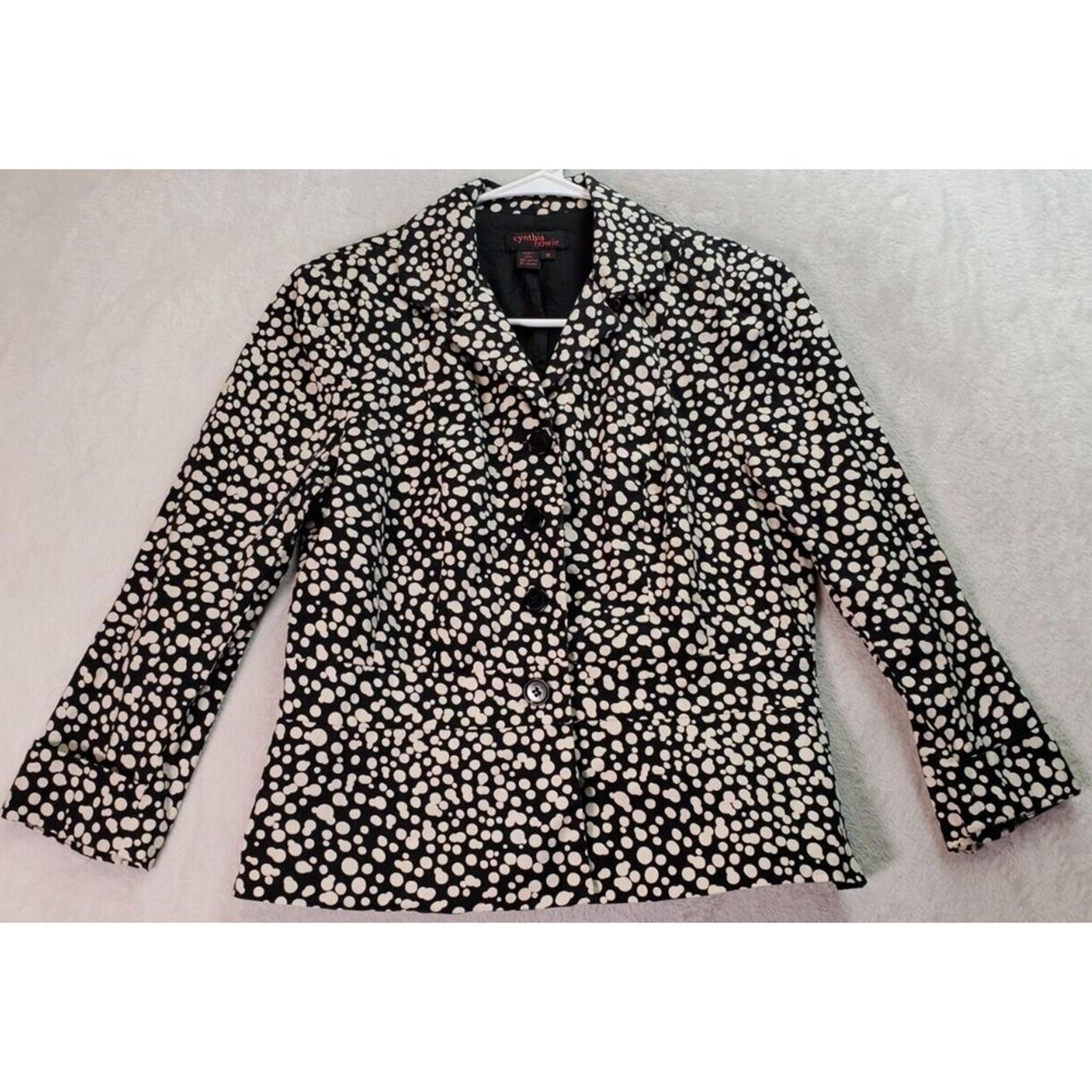 Cynthia Howie Blazer Women Size 8 Black Cream Polka Dot Single Breasted 4 Button