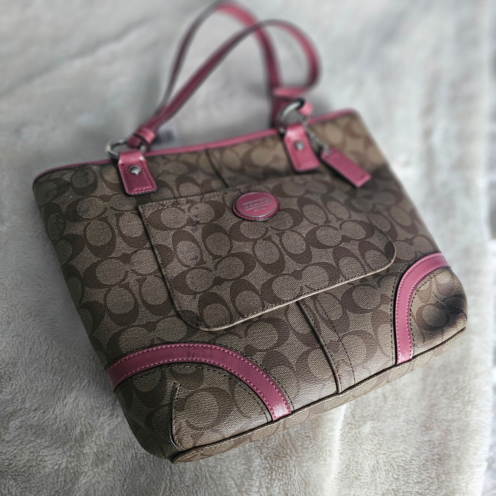 Nwt Signature Logo Coach Handbag Purse Khaki Roseberry Pink see description