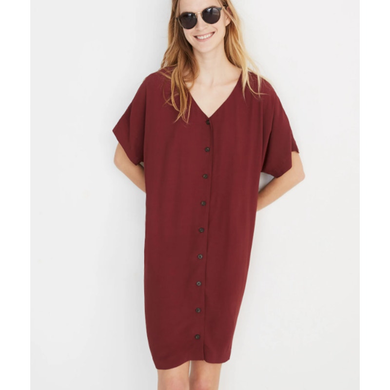 Madewell Rich Burgundy Button Front Easy Dress Shirt Dress V-Neck XXS Oversized