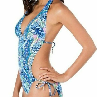 JUICY COUTURE HALTER 1PC SWIMSUIT MONOKINI PAISLEY BLUE PINK SZ L NWT!
