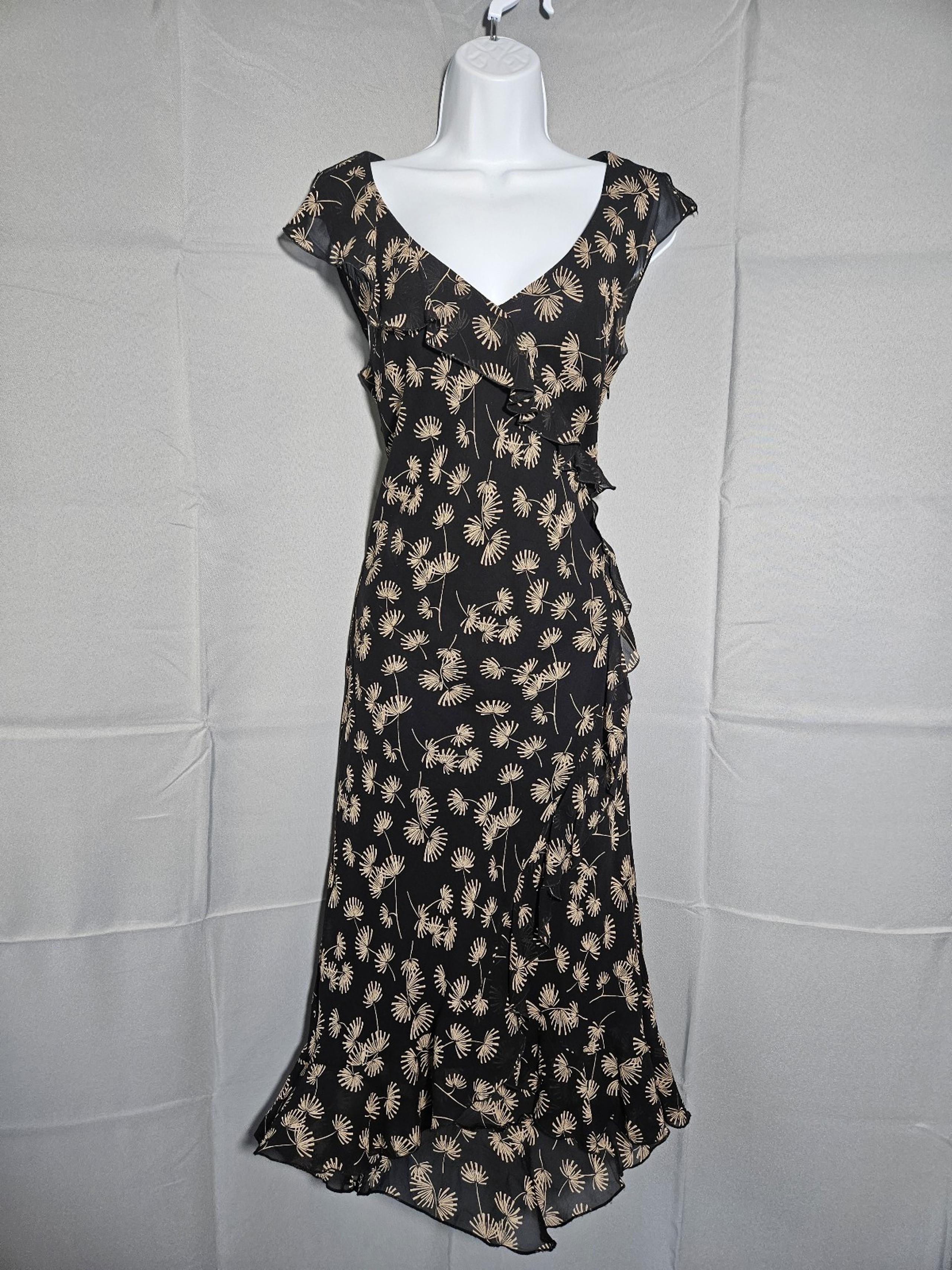 Vintage The Limited Silk Y2K Floral Black Ruffled Midi Boho Dress Sz 4