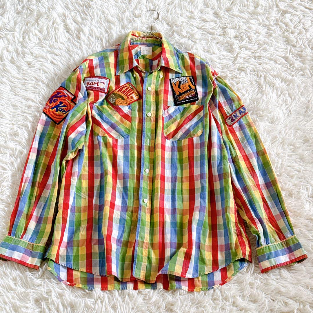 Karl Helm Multicolor Check Shirt with Patch, Size L, Pink House.