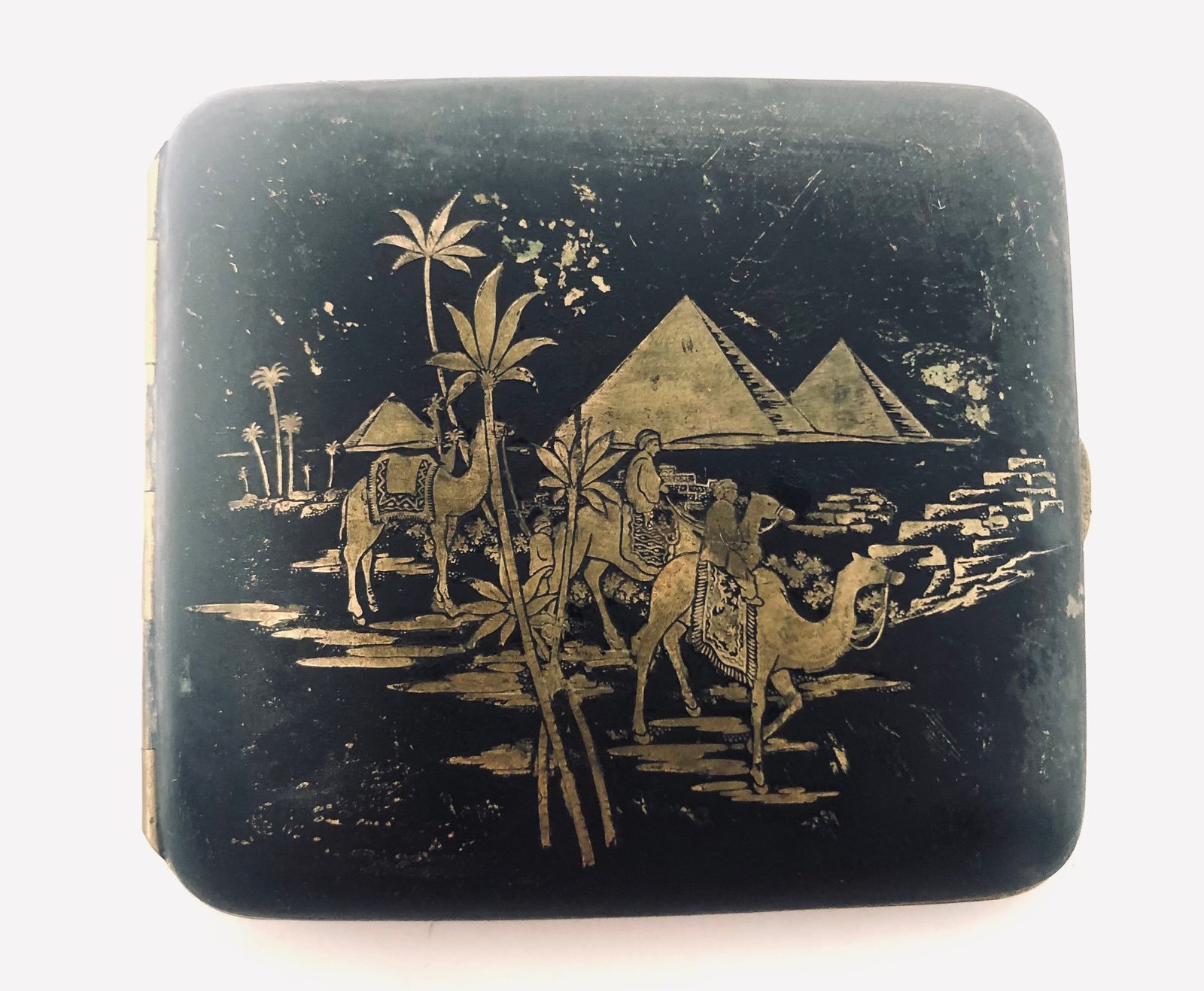 Vtg Komal Japanese Damascene Cigarette CaseBrass Rare Egyptian Scene Marked K24