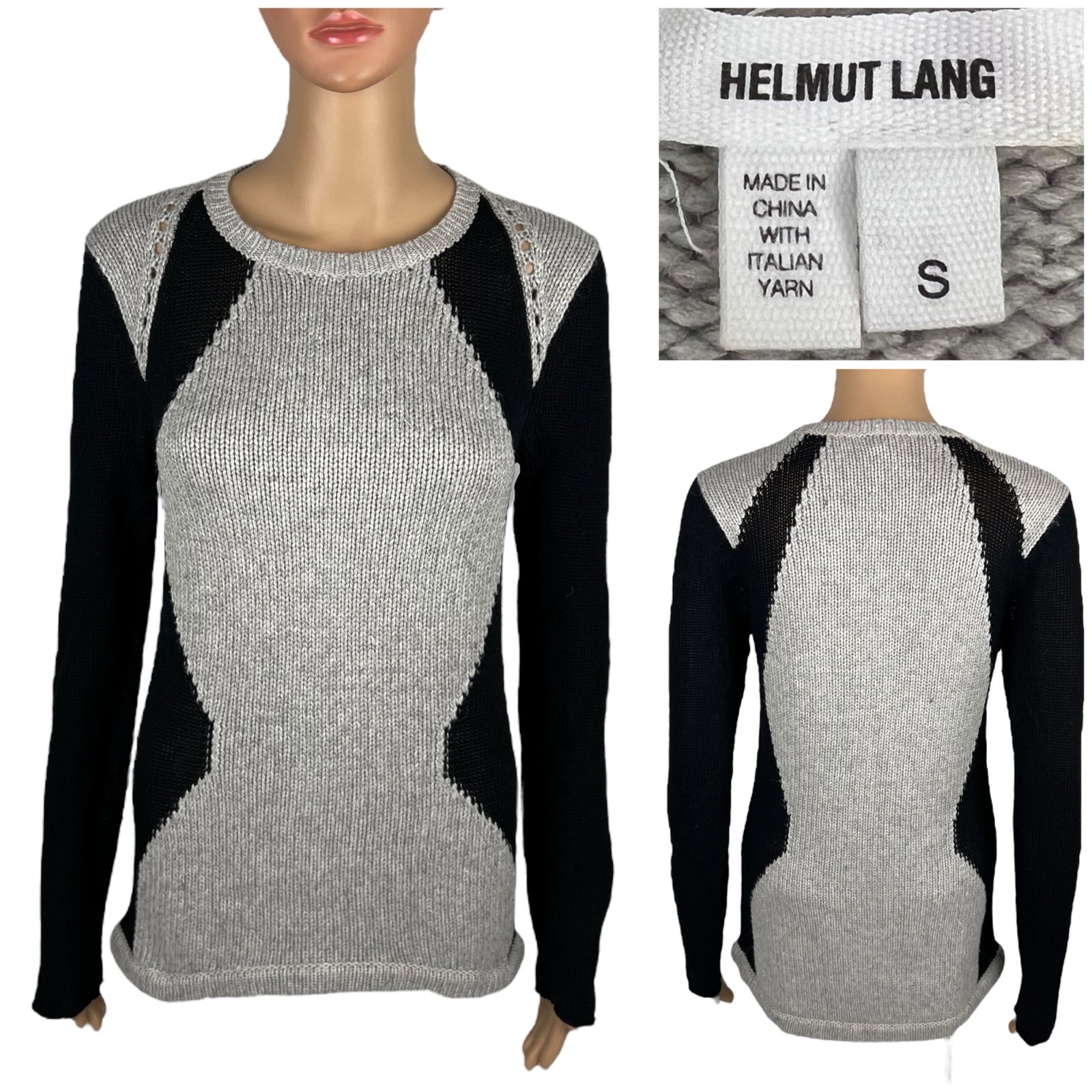 Helmut Lang Womens Small Sweater Black Gray Wool Blend Casual Knit Crewneck