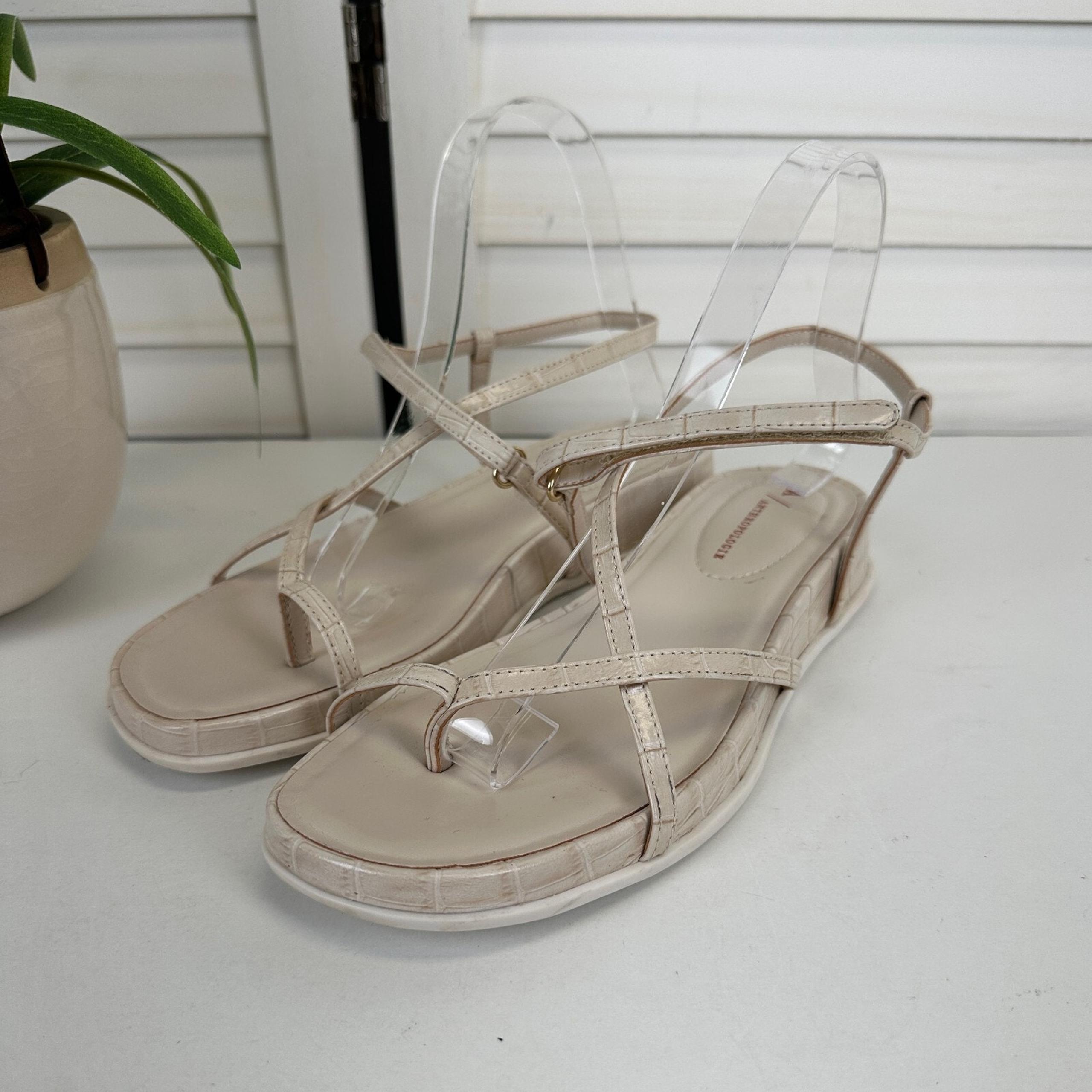 Anthropologie Marina Tan Croc Embossed Leather Strappy Sandals Womens Size 8