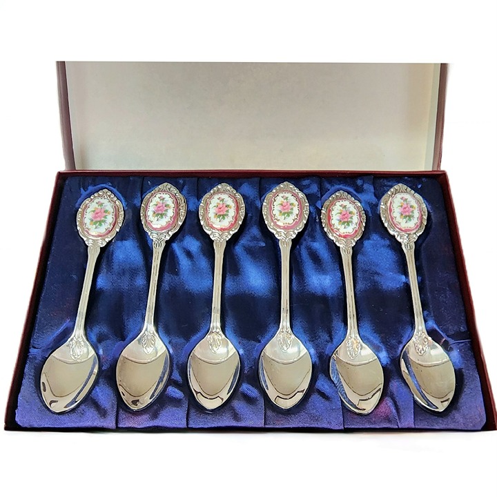Vintage Souvenir Demitasse Coffee Spoon Set 6pc with Box Pink Rose Pattern Korea