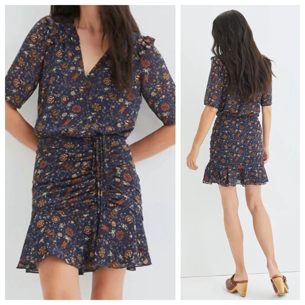 Veronica Beard Woman's Dakota Floral Ruched Mini Dress Ink Multi Pattern Size 14