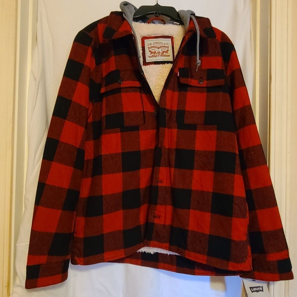 Levi's Mens Plaid Sherpa Lined Hooded Shirt Jacket Small Red Buffalo