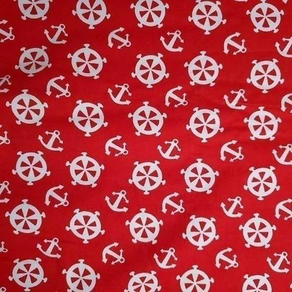 Vintage Nautical Sailing Anchor Helm Wheel Fabric Boat Red White 2 yd X 45