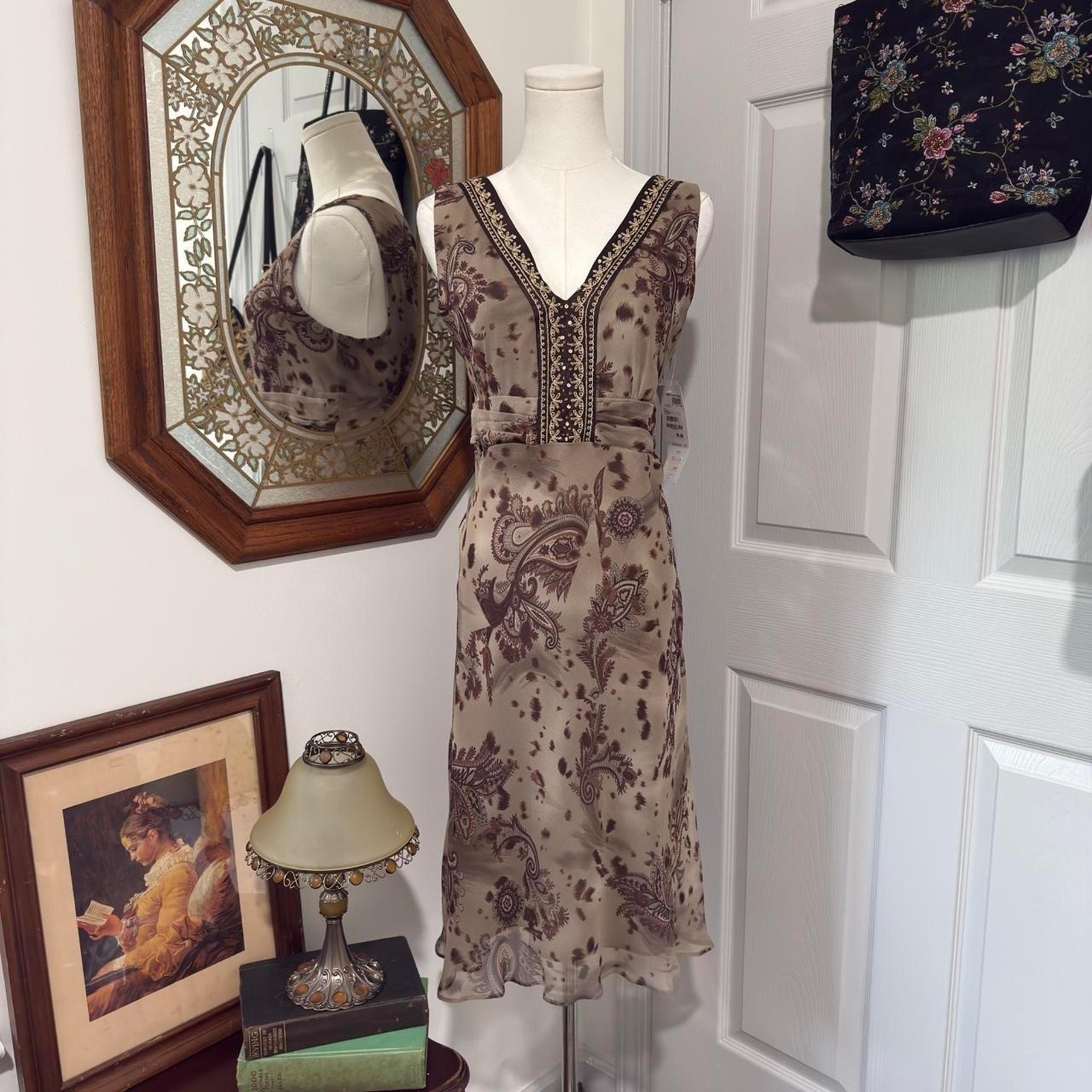 NWT VTG Y2K Robbie Bee Brown Paisley Silk Sequin Sleeveless Midi Dress 12/L
