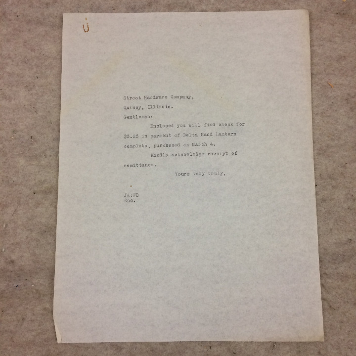 Stroot Hardware Company Vtg Letter 1930 Kespohl Delta Hand Lantern Quincy IL