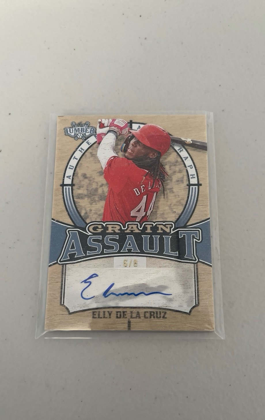 2024 Elly De La Cruz RC Autograph Leaf Lumber Grain Assault Cincinnati Reds /8