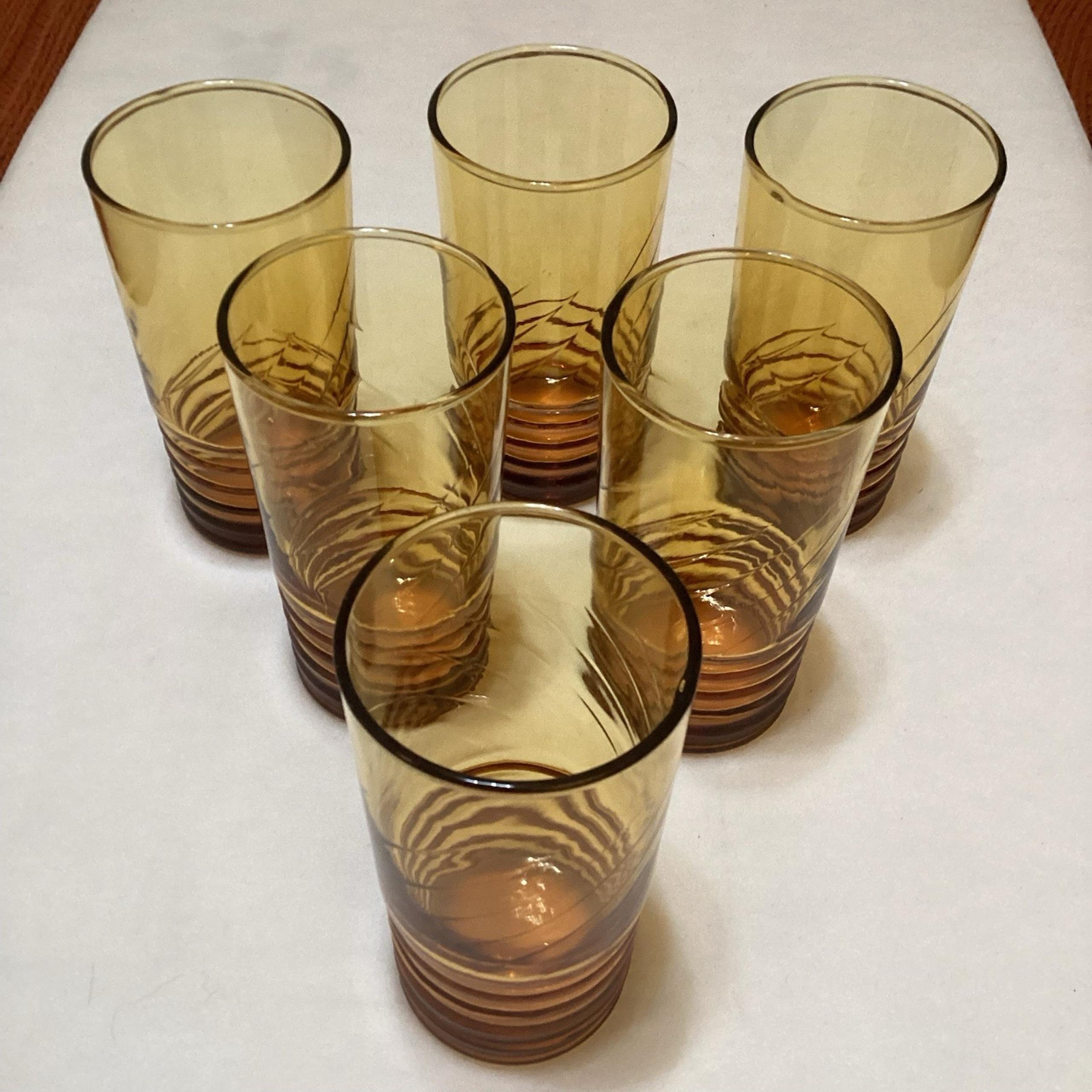Vintage Set of 6 Libbey Glasses Amber Optic Swirl Rings Glasses Tumblers 12oz