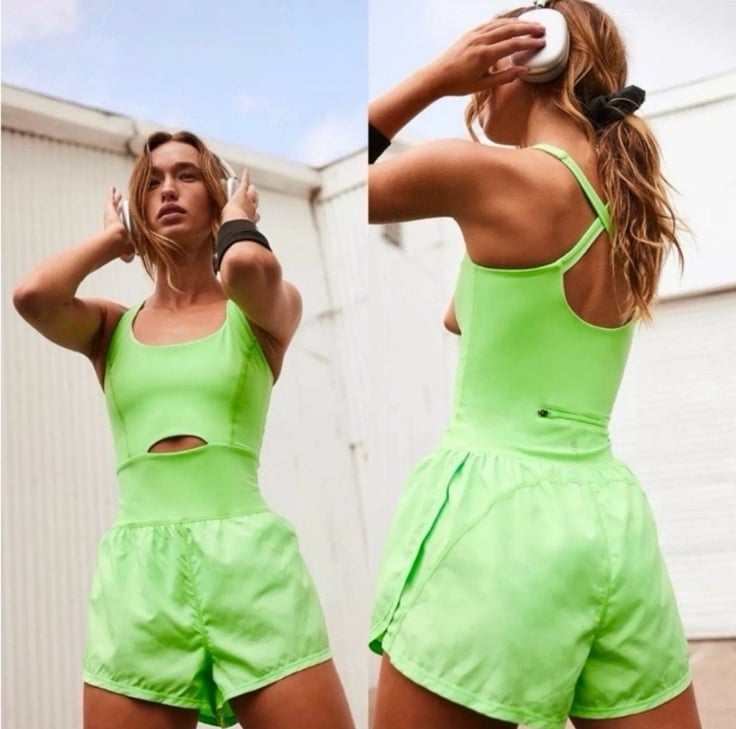 Free People FP Movement Righteous Runsie Romper Neon Lime size XS NWOT