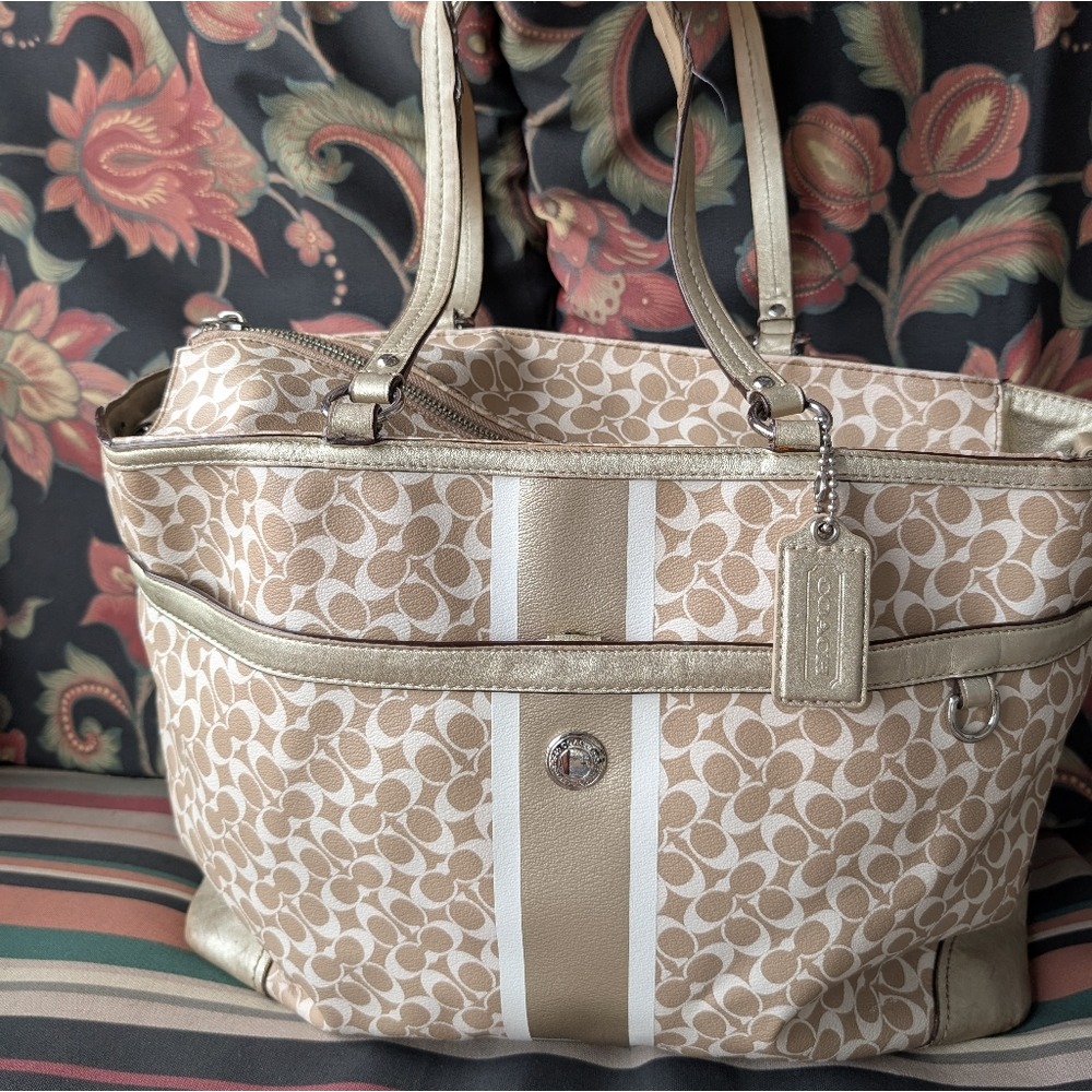 Coach Tan and Gold Diaper Tote Bag