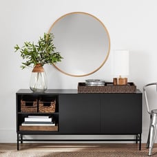 NEW Console Table with 2 Open Shelves and 2 Doored Cubbies, TV Stand, BLACK OAK