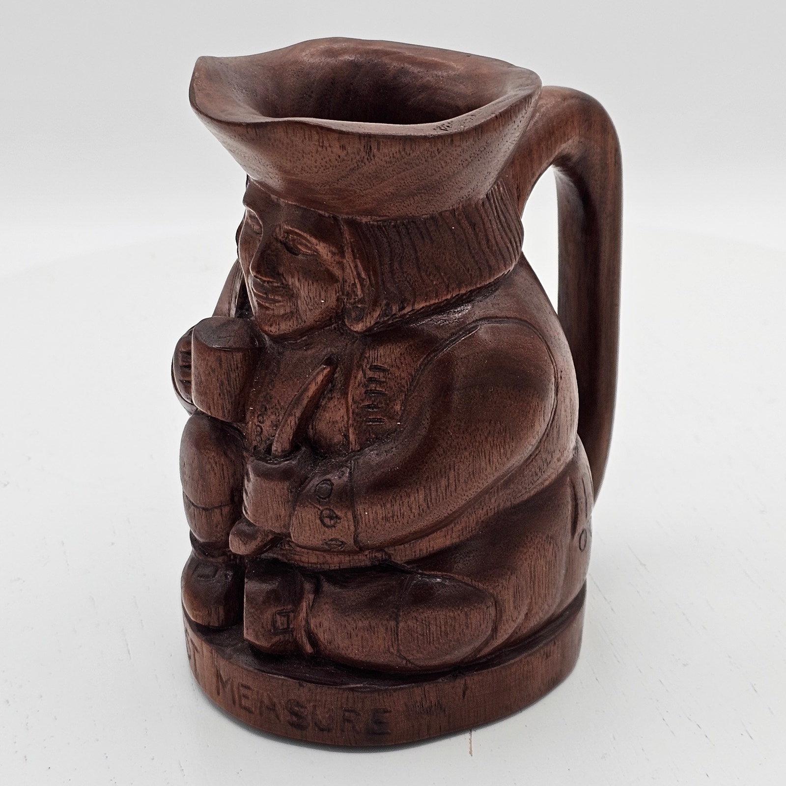 Collectible Solid Wood Toby Style Pitcher-Hand Carved Vintage Pottery Jug Signed