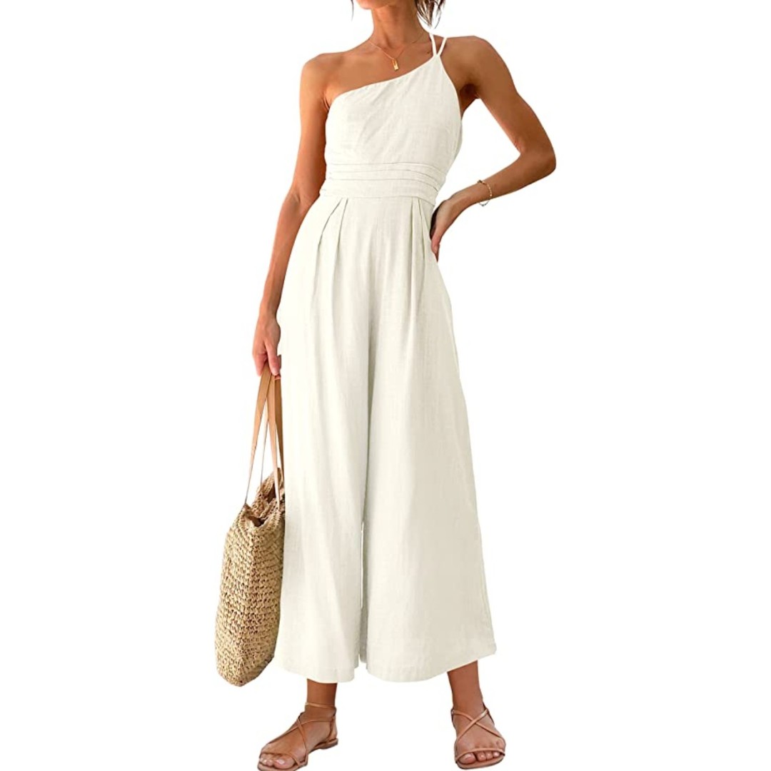 One Shoulder Dressy Casual Wide Leg High Waist Jumpsuit with Pockets Sz S