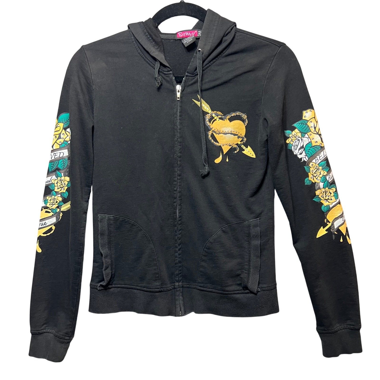 Vintage Y2K Say What Full Zip Hoodie Tattoo Graphics Roses Heart Black Jacket M