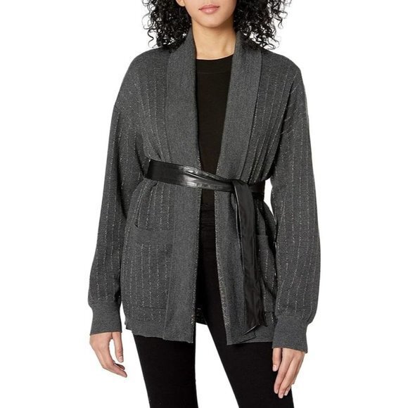 Bailey 44 Gray Sweater Knit Coat with Shimmer Stripe Detail and Belt
