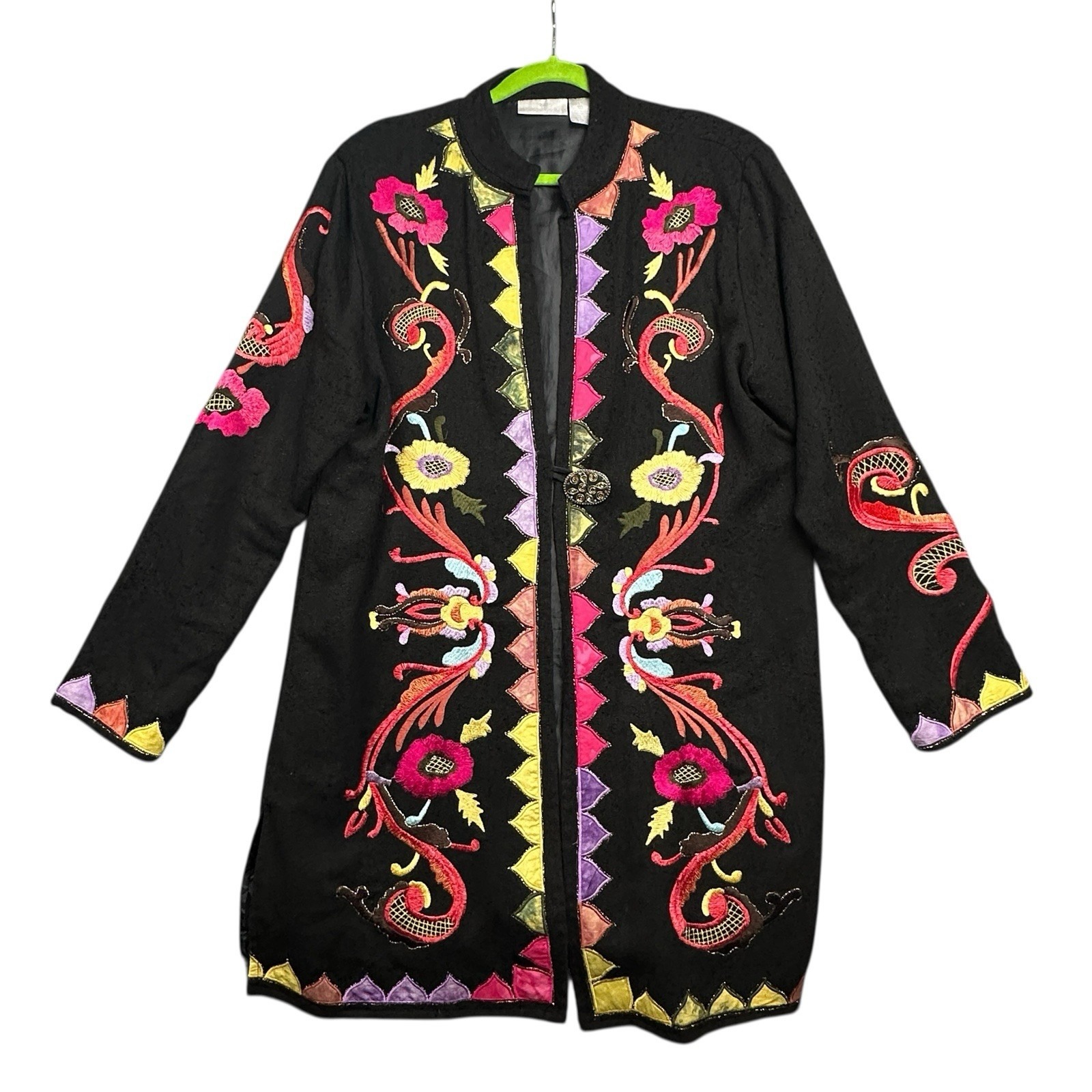 VTG Soft Surroundings Jacket Women Sz L Black Multicolor Floral Embroidery Boho