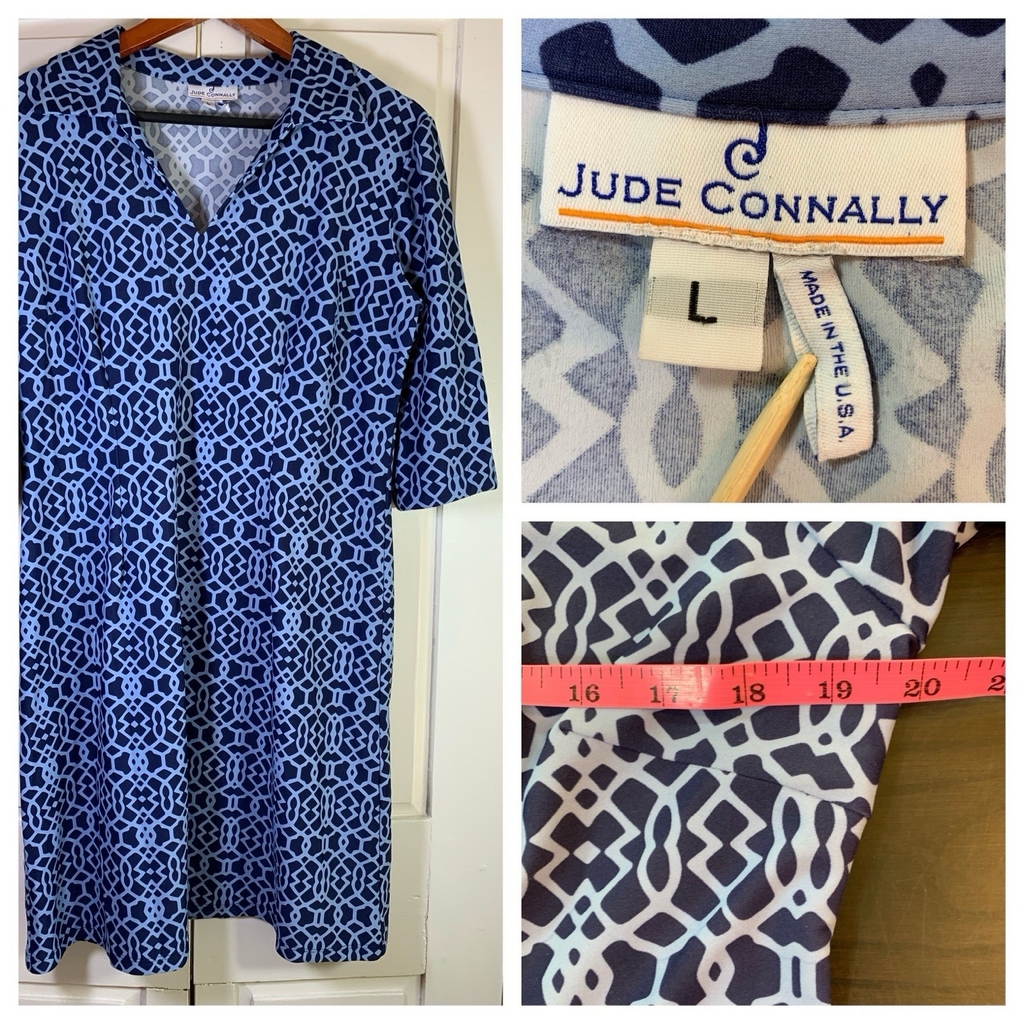 Jude Connally Preppy Geometric Shift Dress Large Split Neck Blue Stretch READ