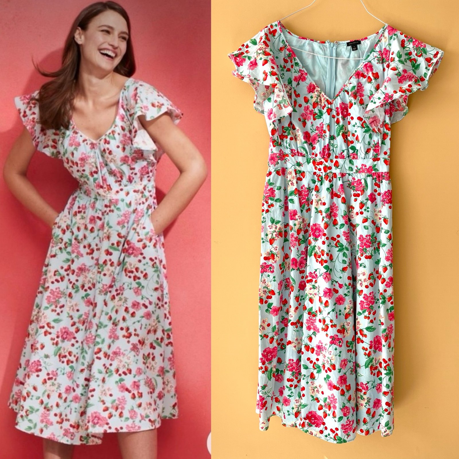 ANN TAYLOR Strawberry Cherry Print Floral Flutter Sleeve Flare Dress 584677