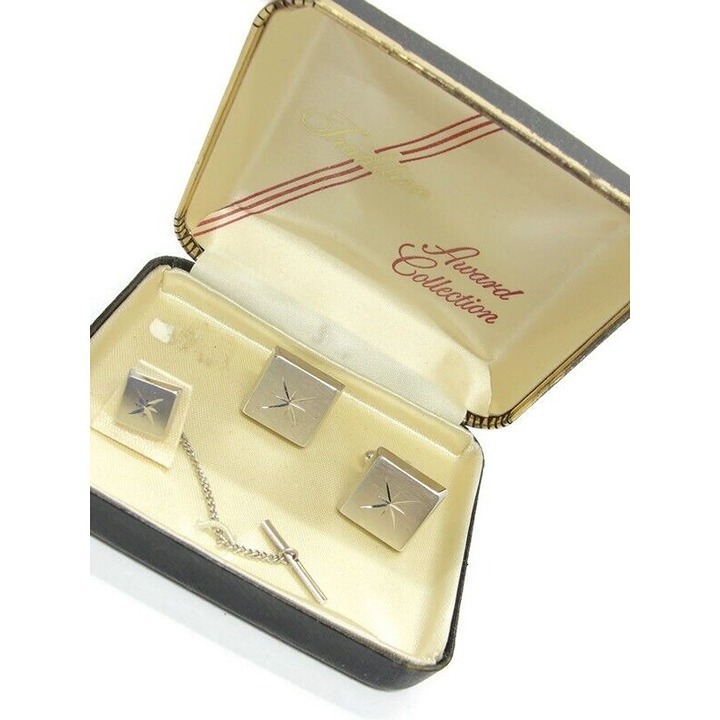 Tradition Silver Tone Cufflink Matching Tie Set Formal Wedding Tux Vintage IOB