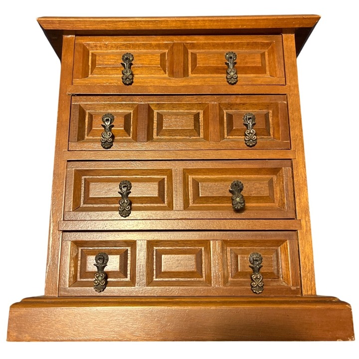 MCM Wooden Musical Jewelry/Trinket Box, Blk Top & Ornate Metal Handles 3 Drawer