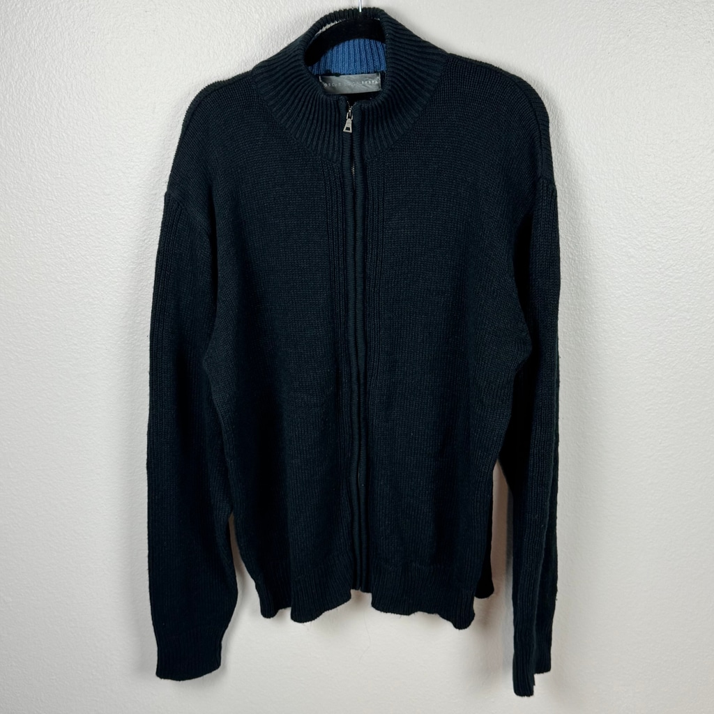Oscar Dela Renta Mens XL Black Outerwear Grunge Knit Full Zip Mock Neck Sweater