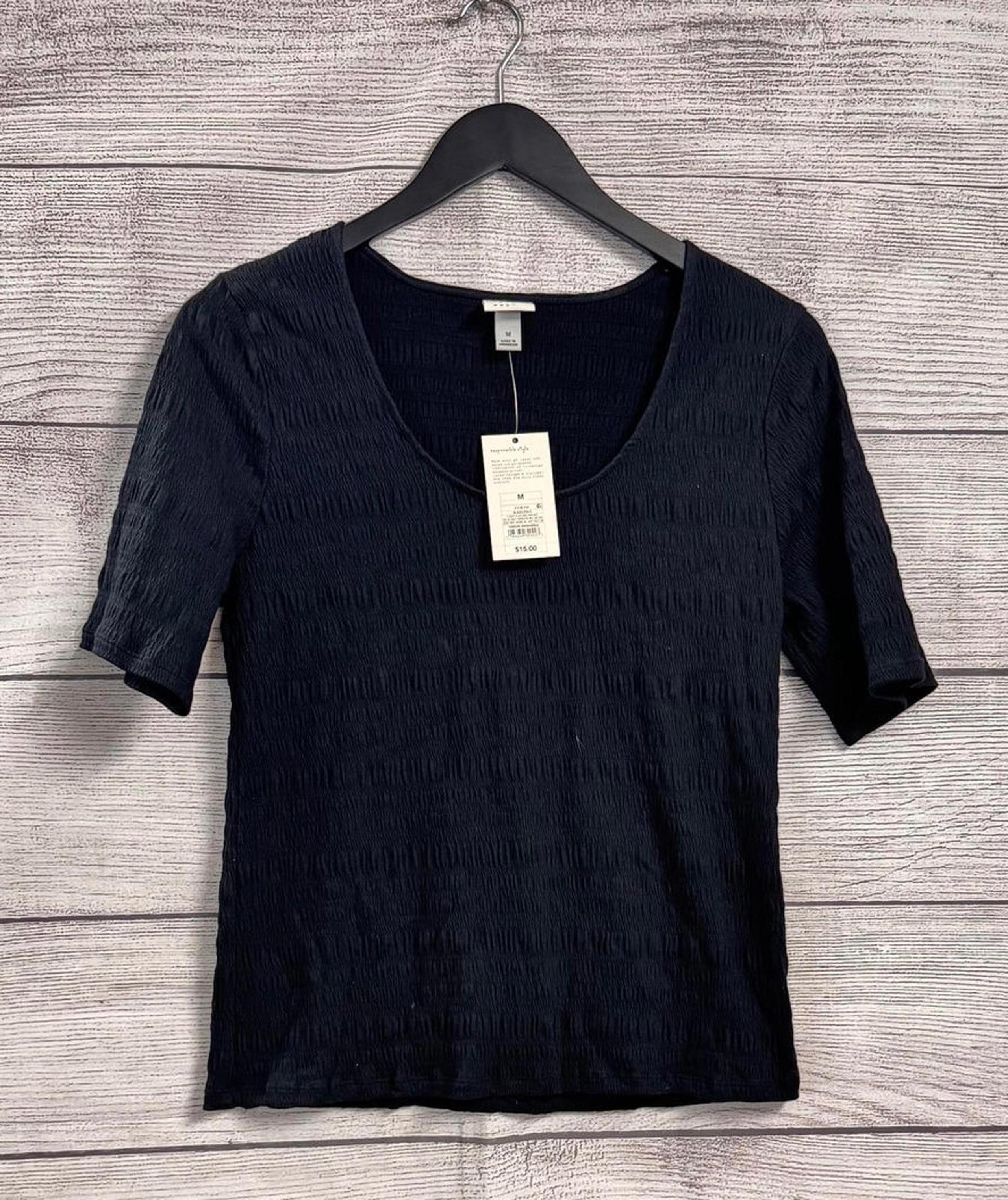 A New Day Black Smocked V Neck Short Sleeve Shirt Women Size Medium