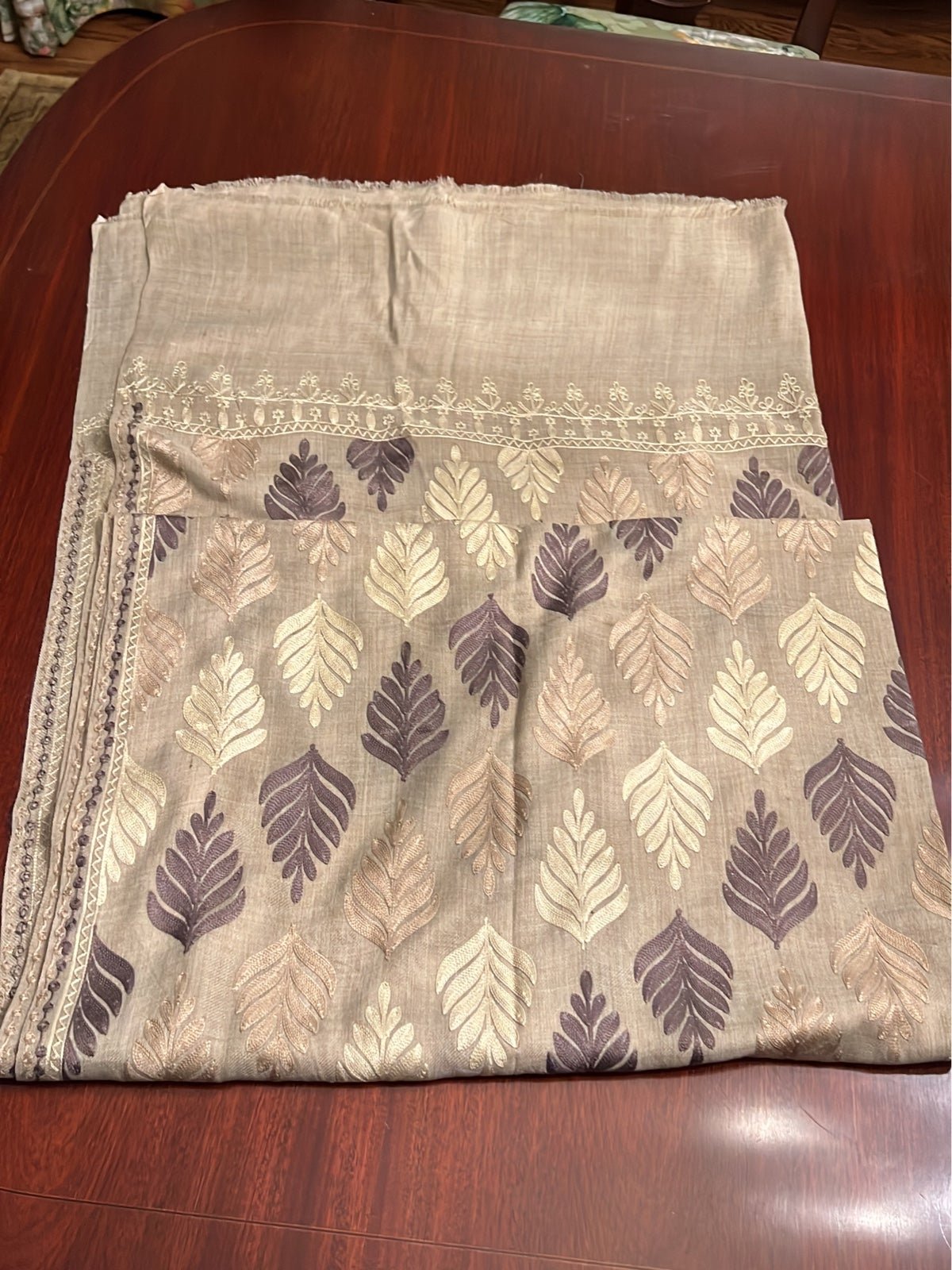 Large hand-embroidered pure wool scarf/shawl in beige