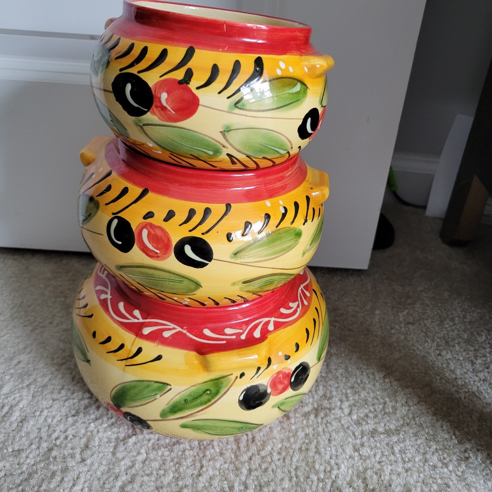 Vintage Pier 1 Round Canister Hand Painted with Olives