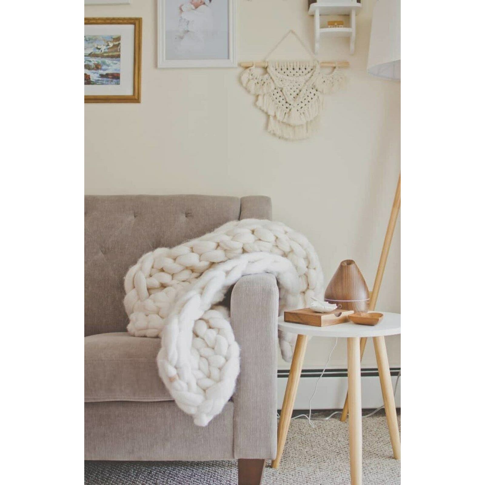 New Lane & Mae Big Knit Blanket Ivory 48 x 70 100% Un-spun Merino Wool