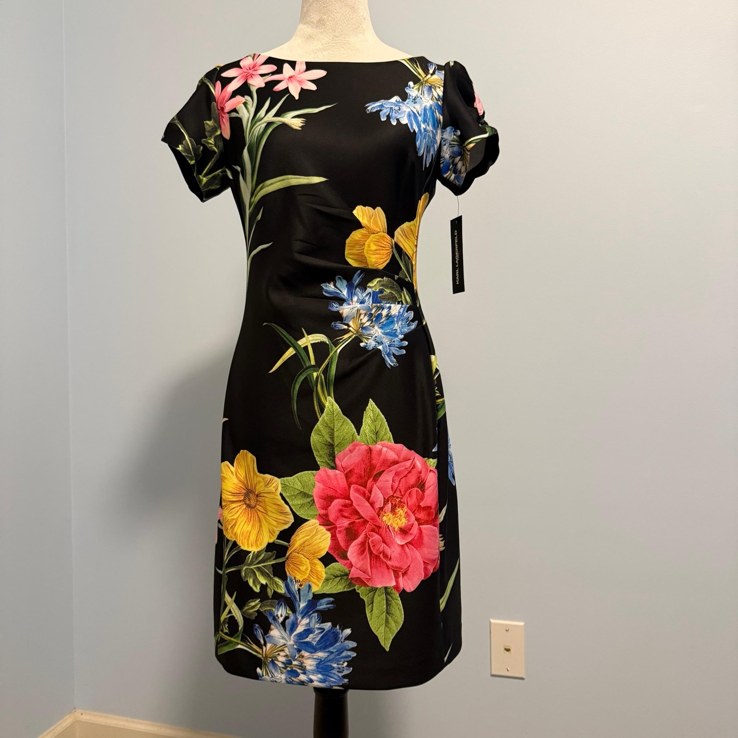 Karl Lagerfeld Women’s Petite short sleeve black Floral Midi Sheath Dress Sz 10P