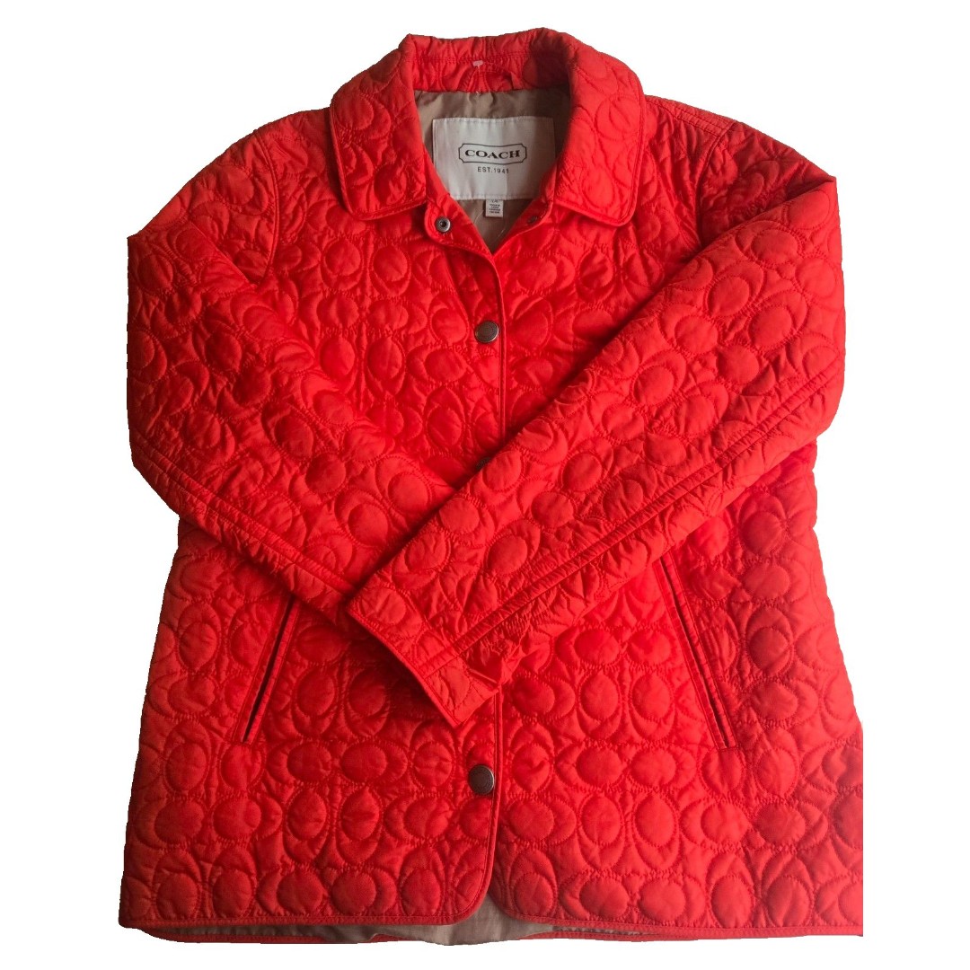 Coach logo orange quilted snap-up jacket - long sleeve, pockets - L