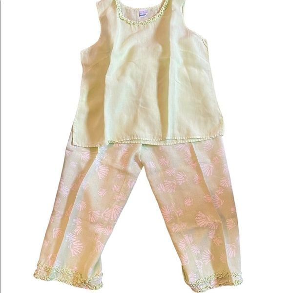 On White ruffled lime green top and elastic waist pants 100% cotton