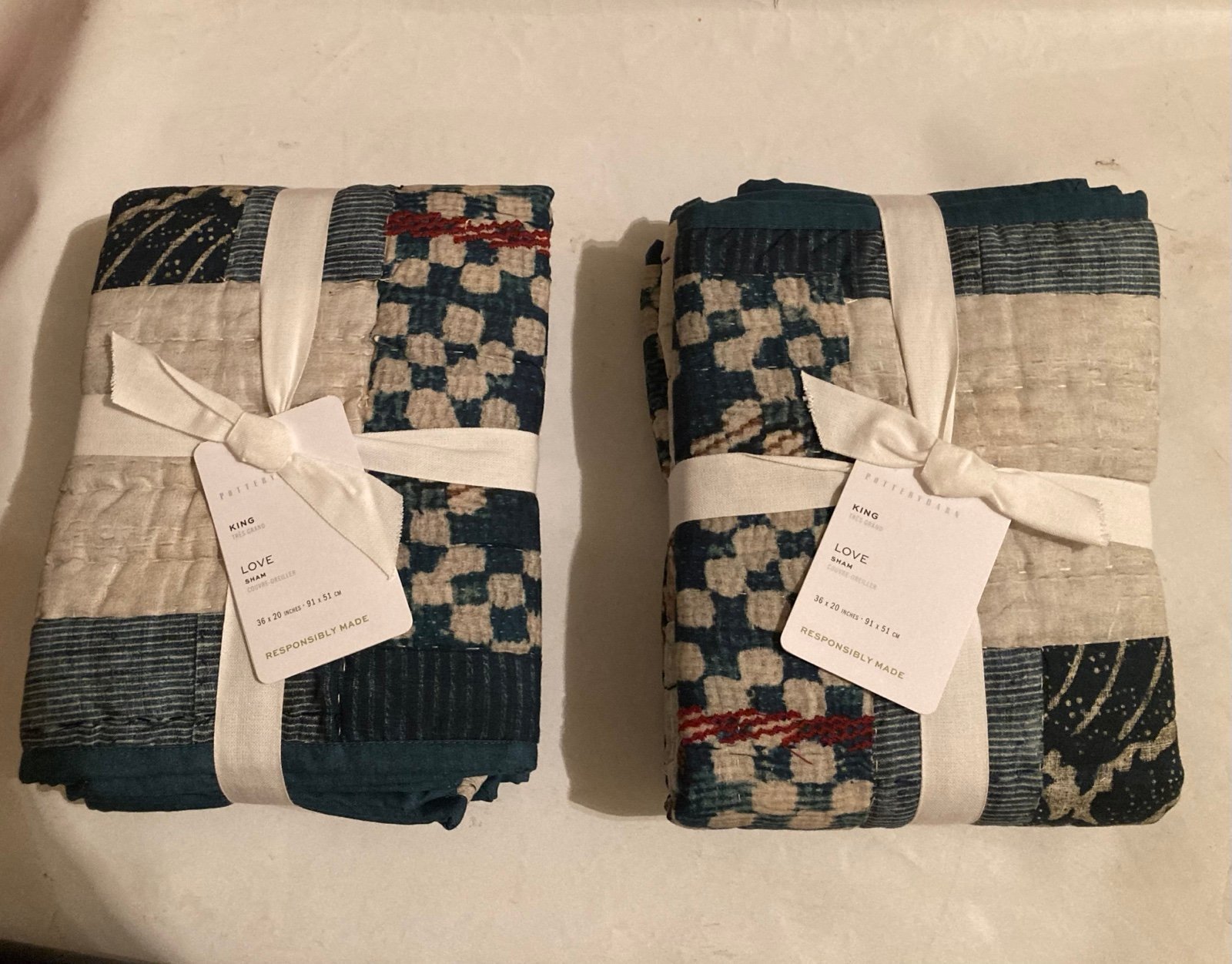 Pottery Barn LOVE HANDCRAFTED REVERSIBLE QUILTED Shams ~King~Set/2 NWT
