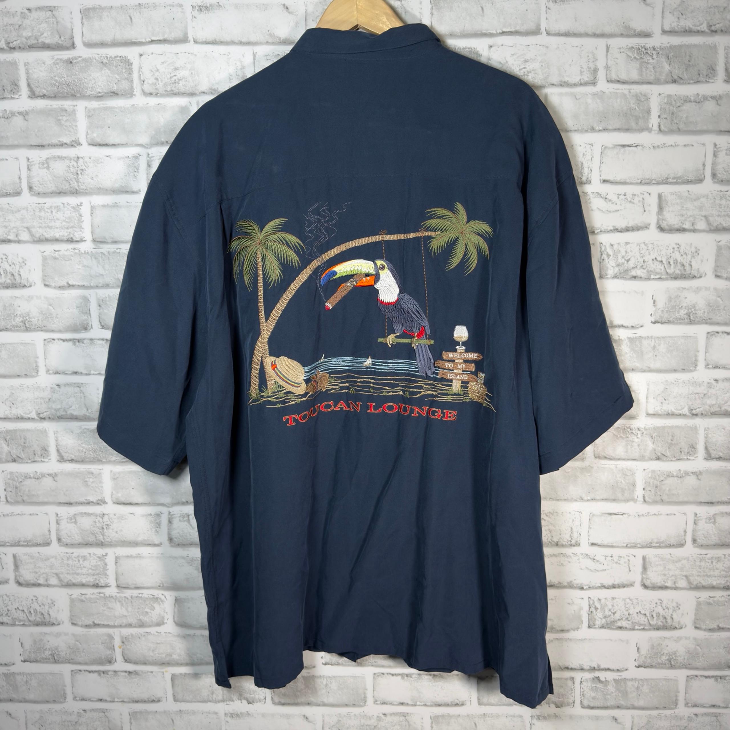 NWT Bamboo Cay Embroidered Toucan Lounge Blue Hawaiian Style Shirt Mens XXL
