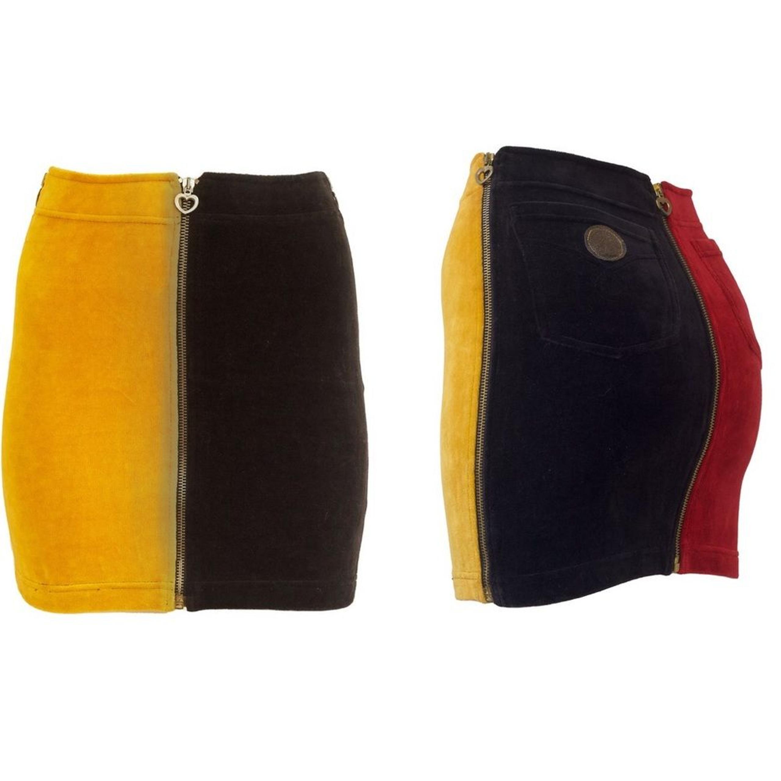 RARE 90s Moschino Jeans velour colorblock Mini Skirt Zipped patchwork red black
