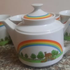 Vintage Rainbow Tea Set Cottage Teapot 4 Mugs Cup Enesco Ceramic 1978